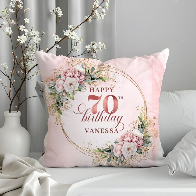 Almohada de oro rosa con flores para 70 cumpleaños (Blush Pink Rose Gold Pillow with Flowers 70th Birthday Pillow)