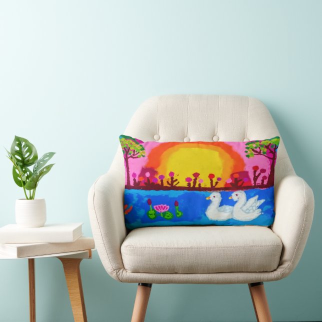 Almohada de paisaje de cisne Rangoli vibrante (Silla)