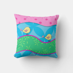 Almohada de pájaros amarillos lindos, colorida y b