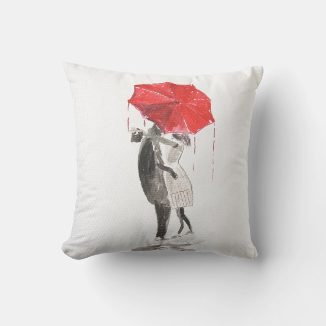 Almohada de pareja enamorada con paraguas rojo (Anverso)