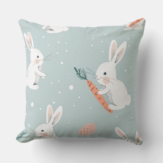 Almohada de Pascua azul con conejo y zanahoria (Anverso)