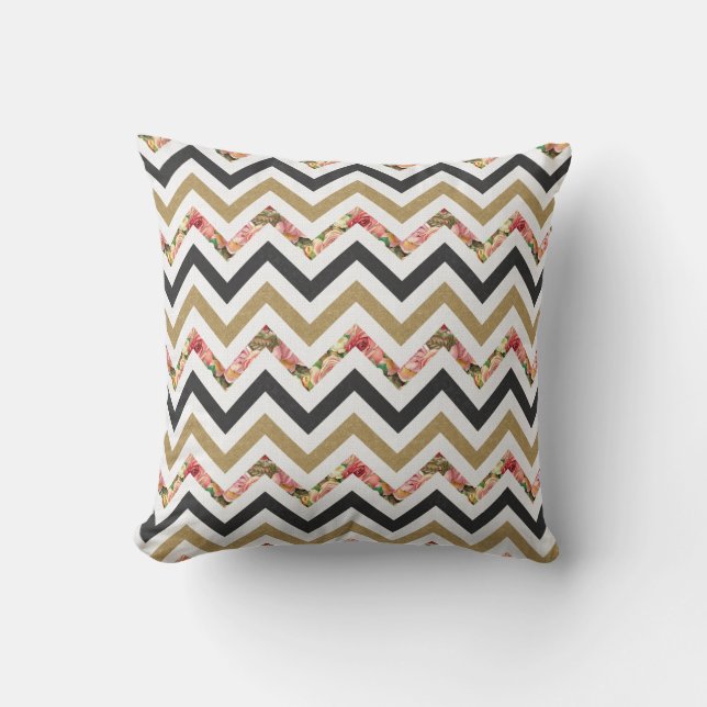 almohada de patrón de chevron dorado, beige, negro (Anverso)