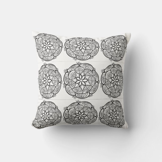 Almohada de patrón de círculo de mandala blanco y  (Anverso)