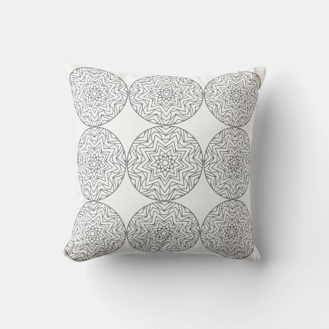 Almohada de Patrón de Estrellas Mandala Blanco Neg (Anverso)