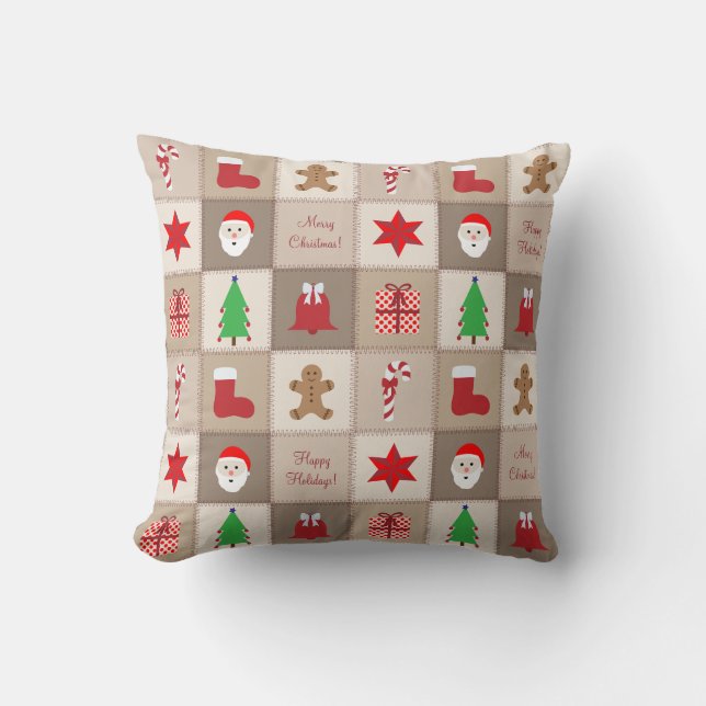 Almohada de Patrón de Navidad - Fondo Tonos Beige (Anverso)