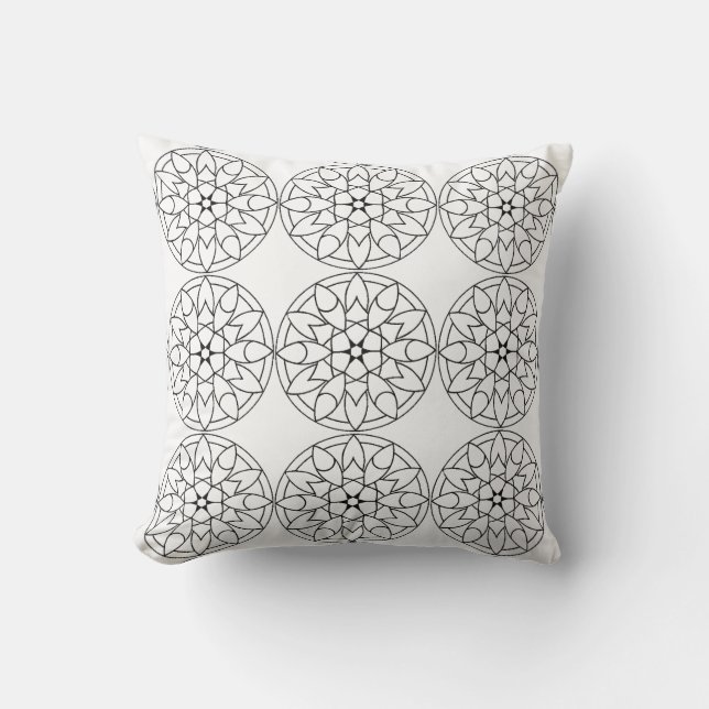 Almohada de patrón floral mandala blanco negro (Anverso)
