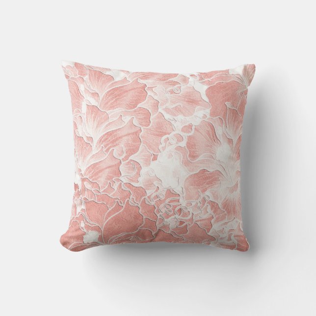 Almohada de patrón floral suave en melocotón y ros (Anverso)