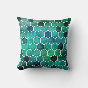 Almohada de patrón hexagonal azul, aqua y verde