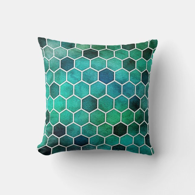 Almohada de patrón hexagonal azul, aqua y verde (Anverso)
