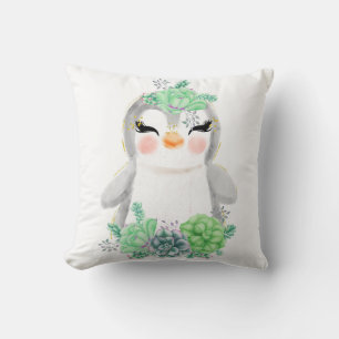 Almohada de Pengüino con Suculentas Acuarela
