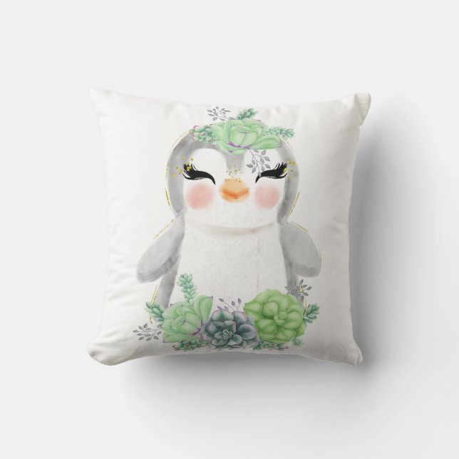 Almohada de Pengüino con Suculentas Acuarela (Anverso)