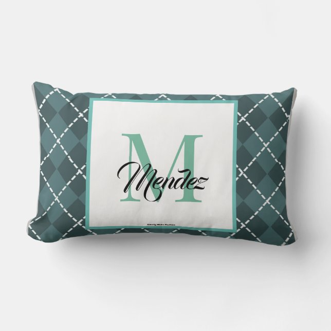 Almohada de Plaid de Diamante Teal Monogramada (Anverso)