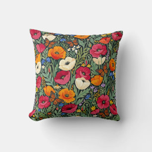 Almohada de poppies y mariposas abstractas ingenua