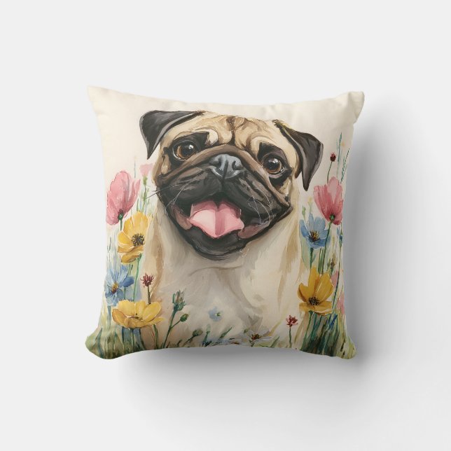 Almohada de Pug en Acuarela (Anverso)