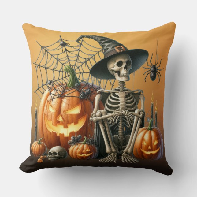 Almohada de Pumpkins Esqueleto para Halloween (Anverso)