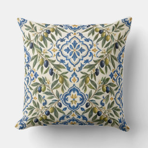 Almohada de rama de olivo mediterránea, azul blanc