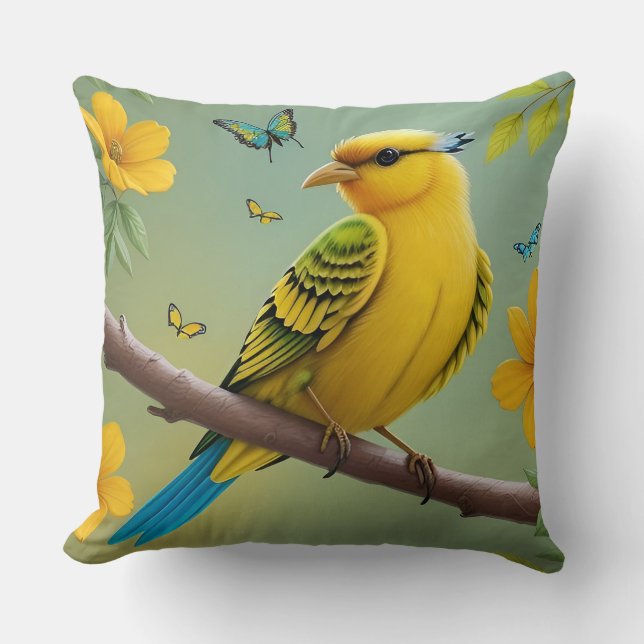 Almohada de Rama de Pájaro Amarillo Decoración de  (Anverso)