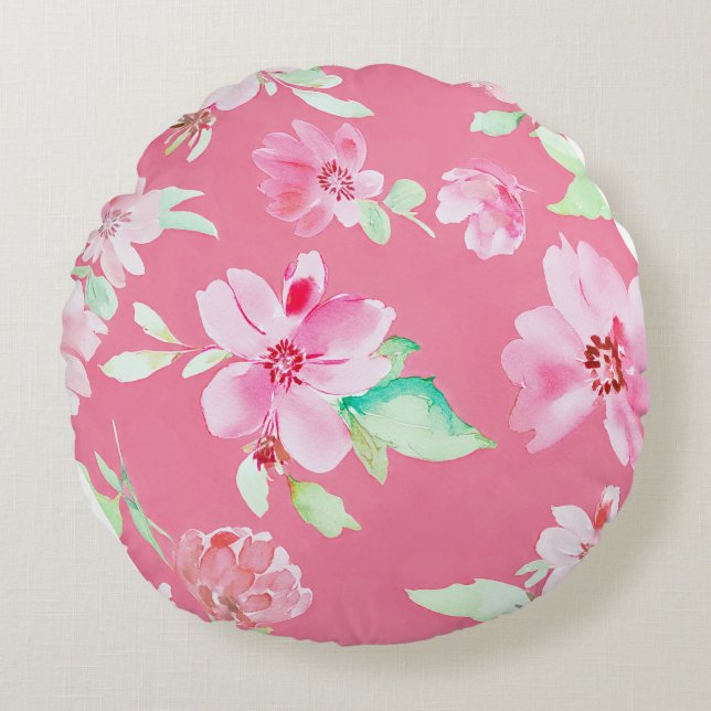 Almohada de redondeo floral rosa brillante (Anverso)