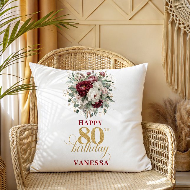 Almohada de regalo de cumpleaños 80 Chic Blush Bur (Chic Blush Burgundy 80th Birthday Gift Pillow)
