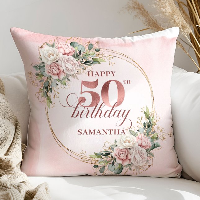 Almohada de regalo de cumpleaños número 50 en acua (Watercolor Rose Gold 50th Birthday Pillow Gift)
