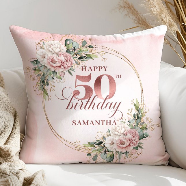 Almohada de regalo de cumpleaños número 50 en rosa (Soft Blush Rose Gold 50th Birthday Pillow Gift)