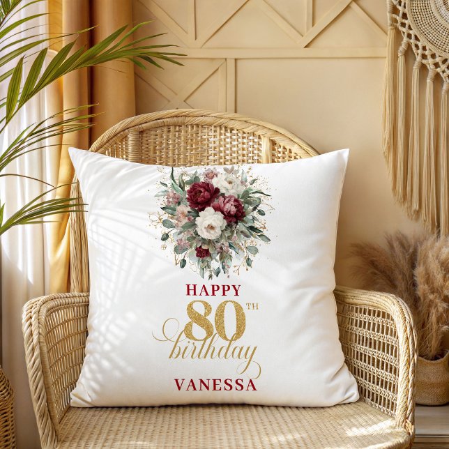 Almohada de regalo de cumpleaños número 80 Chic Fl (Chic Floral Burgundy 80th Birthday Gift Pillow)