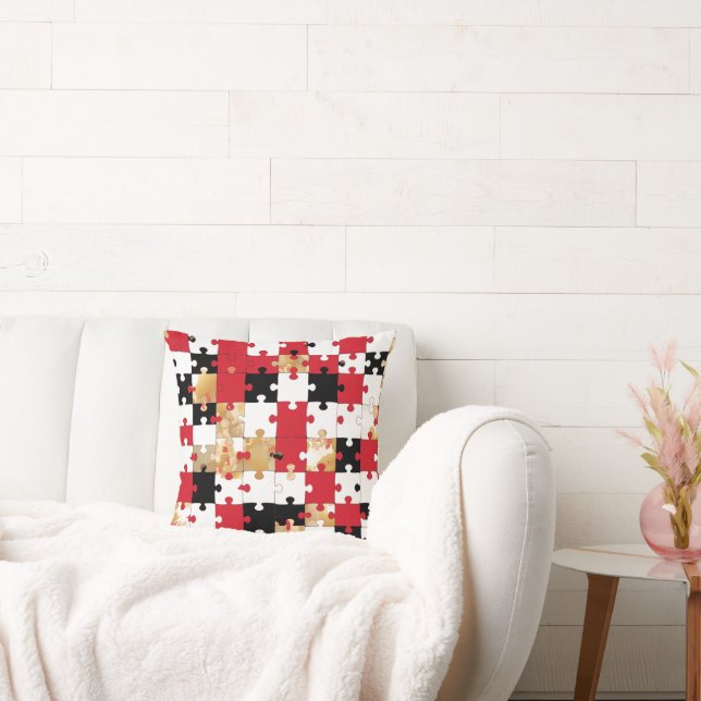 Almohada de rompecabezas rojo negro patrón dorado (Sofá)