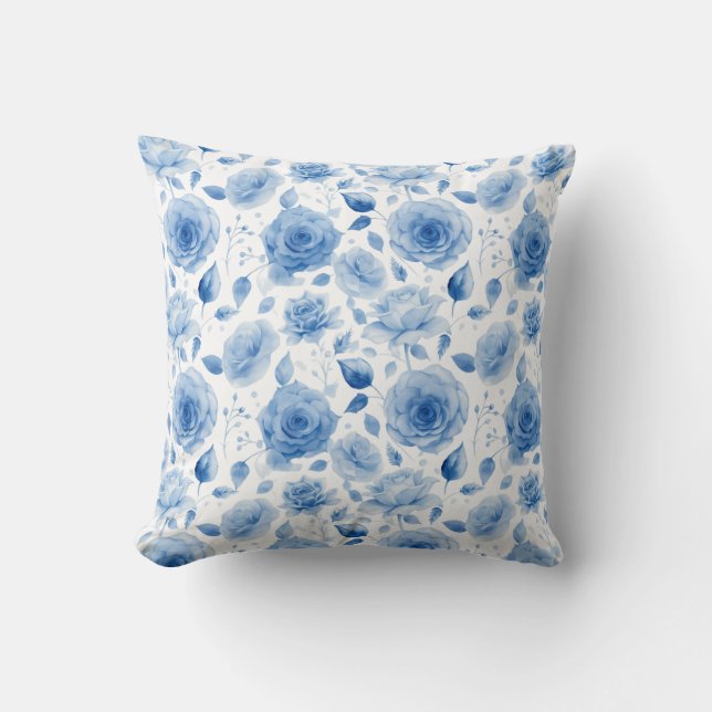Almohada de Rosa Acuarela Azul Elegante - Hogar Fl (Anverso)