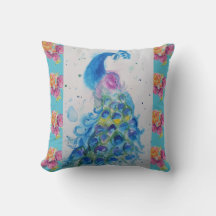 Almohada de Rosa Acuarela Azul Pavo Real Pájaro