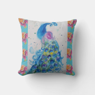 Almohada de Rosa Acuarela Azul Pavo Real Pájaro