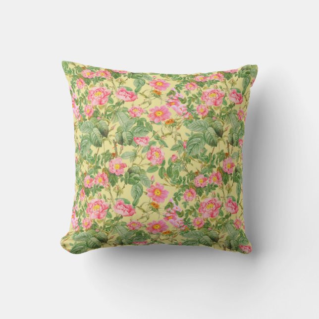 Almohada de rosa rosa vintage en amarillo mantequi (Anverso)