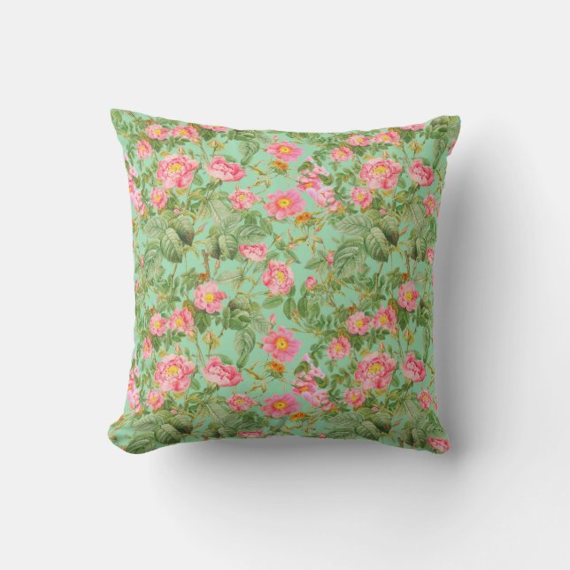 Almohada de rosa rosa vintage en aqua menta (Anverso)
