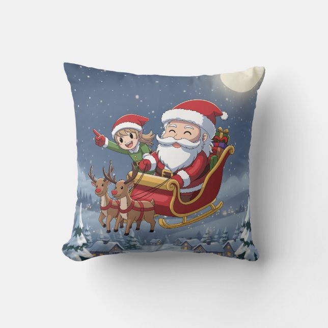 Almohada de Santa y Elfo Chibi Navideño Adorable (Anverso)