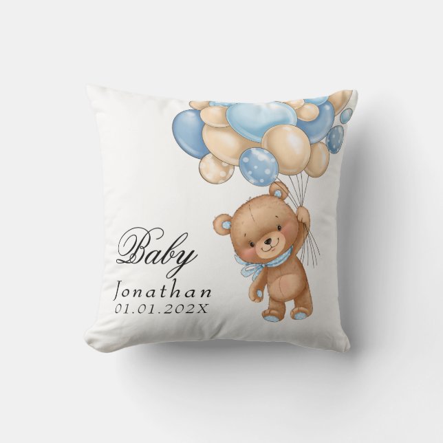 Almohada de Teddy Bear Globo Azul para Baby Shower (Anverso)