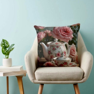 Almohada de tela con diseño de rosa de té de col r