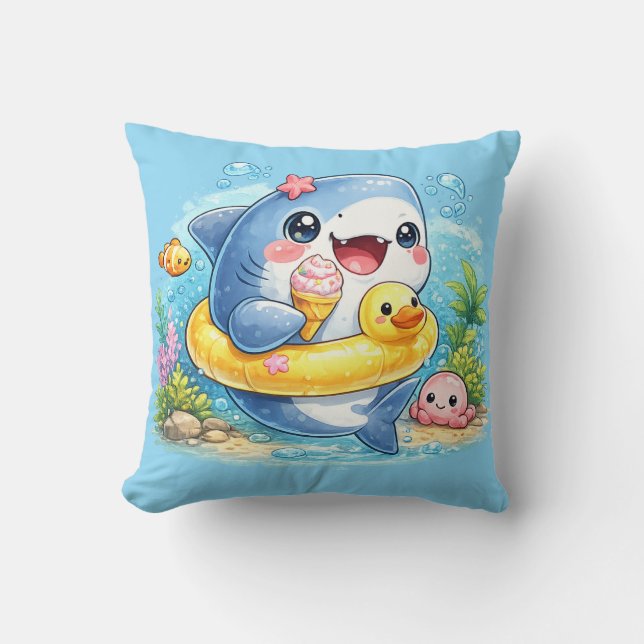 Almohada de tiburón blanco grande lindo y feliz (Anverso)