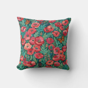 Almohada de tirada de amapolas abstractas mariposa