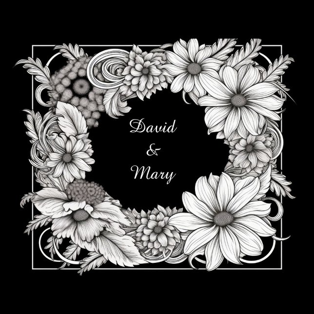Almohada de Tirar con Marco Floral (A black and white illustration features a floral frame surrounding the names "David & Mary.)