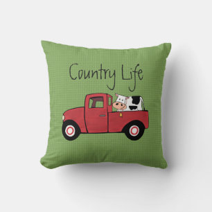 Almohada de tirar de camión rojo pequeño país vaca