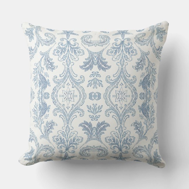 Almohada de Tirar de Damasco Azul Costero - Casa d (Anverso)