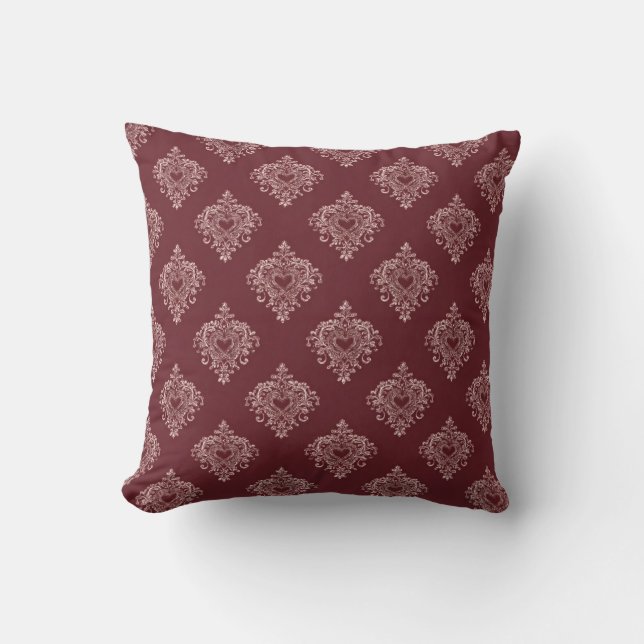 Almohada de Tirar de Damasco de Corazón Borgoña (Anverso)