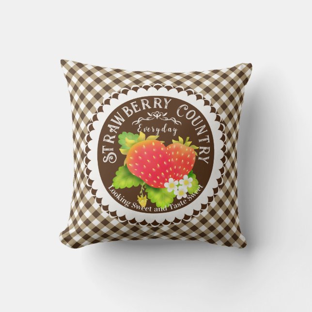 Almohada de tirar de gingham marrón de fresa (Anverso)