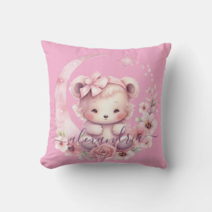 Almohada de tirar de oso de peluche rosa con nombr