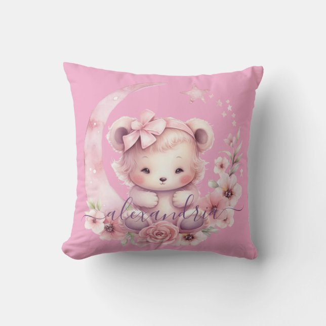Almohada de tirar de oso de peluche rosa con nombr (Anverso)