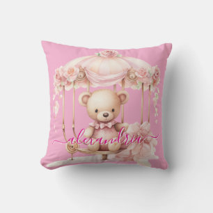 Almohada de tirar de oso de peluche rosa con nombr