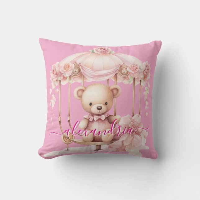 Almohada de tirar de oso de peluche rosa con nombr (Anverso)