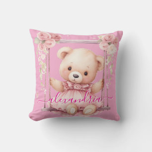 Almohada de tirar de oso de peluche rosa con nombr