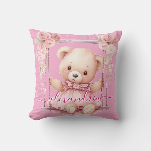 Almohada de tirar de oso de peluche rosa con nombr (Anverso)