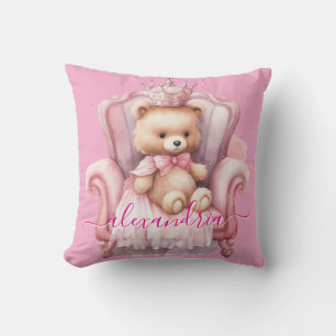 Almohada de tirar de oso de peluche rosa con nombr
