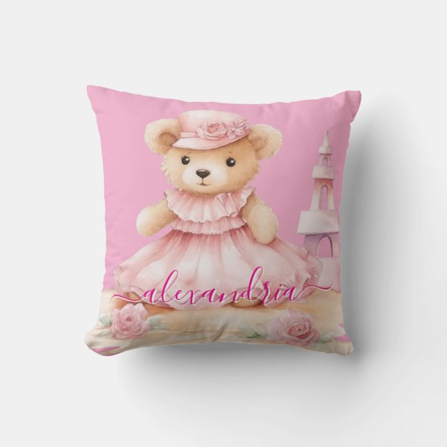 Almohada de tirar de oso de peluche rosa con nombr (Anverso)
